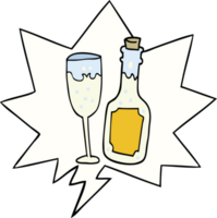 cartoon champagne bottle and glass with speech bubble png