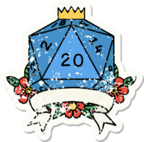 grunge sticker van een natuurlijk 20 kritiek raken d20 Dobbelsteen rollen png