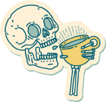 sticker of tattoo in traditional style of a skull drinking coffee png