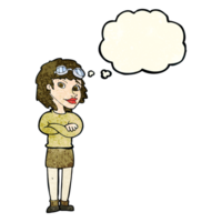 cartoon woman with crossed arms and safety goggles with thought bubble png