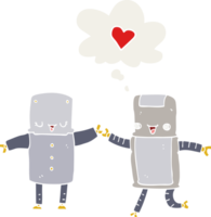 cartoon robots in love with thought bubble in retro style png