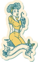 pegatina de tatuaje al estilo tradicional de una pinup bebiendo un batido con pancarta png