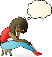 cartoon woman sitting on small stool with thought bubble png