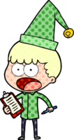 cartoon shocked xmas elf with clipboard and pen png