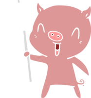 happy flat color style cartoon pig with sign post png