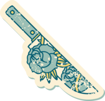 iconic distressed sticker tattoo style image of a dagger and flowers png