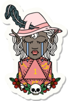 sticker of a crying elf bard character with natural one D20 roll png