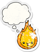 cartoon flame with thought bubble as a distressed worn sticker png