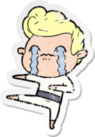 distressed sticker of a cartoon man crying png