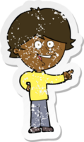 retro distressed sticker of a cartoon boy laughing and pointing png