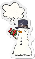 cartoon snowman with thought bubble as a distressed worn sticker png