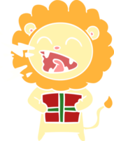 flat color style cartoon roaring lion with gift png