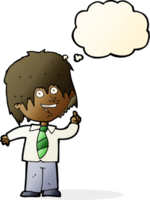 cartoon school boy with idea with thought bubble png