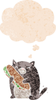 desenho animado gato com sanduíche com pensamento bolha dentro grunge angustiado retro texturizado estilo png