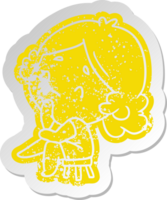 distressed old cartoon sticker of a cute kawaii lady png