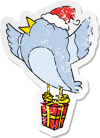 hand drawn distressed sticker cartoon of a bird wearing santa hat png