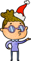 main tiré texturé dessin animé de une femme portant des lunettes portant Père Noël chapeau png