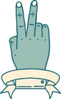 Retro Tattoo Style victory v hand gesture with banner png