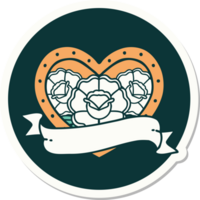 sticker of tattoo in traditional style of a heart and banner with flowers png