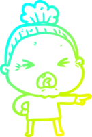 cold gradient line drawing of a cartoon angry old woman png