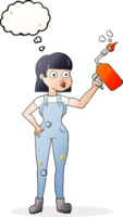 hand drawn thought bubble cartoon woman in dungarees png