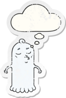 cartoon ghost with thought bubble as a distressed worn sticker png