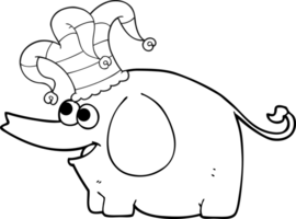 hand drawn black and white cartoon elephant wearing circus hat png