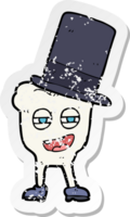 retro distressed sticker of a cartoon tooth with top hat png