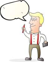 mano dibujado habla burbuja dibujos animados hombre con cuaderno y bolígrafo png
