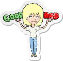 retro distressed sticker of a cartoon woman weighing up options png