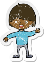 retro distressed sticker of a cartoon waving boy png