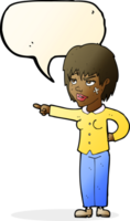 tecknad serie kvinna pekande med Tal bubbla png