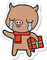 sticker of a cartoon pig crying over christmas present png