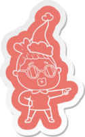 quirky cartoon  sticker of a pointing woman wearing spectacles wearing santa hat png