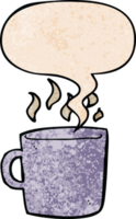 cartoon hot cup of coffee with speech bubble in retro texture style png