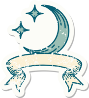 worn old sticker with banner of a moon and stars png