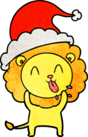 happy hand drawn textured cartoon of a lion wearing santa hat png