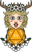 Retro Tattoo Style elf druid character with nautral twenty dice roll png