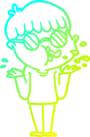 cold gradient line drawing of a cartoon boy wearing spectacles shrugging shoulders png