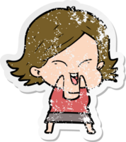 distressed sticker of a happy cartoon girl png