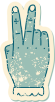 grunge klistermärke av en hand höjning två fingrar gest png