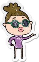 distressed sticker of a cartoon woman wearing sunglasses png
