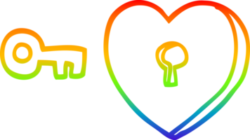 rainbow gradient line drawing of a cartoon heart and key png