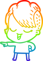 rainbow gradient line drawing of a happy cartoon girl pointing png