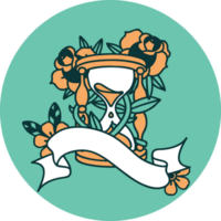 icono de estilo tatuaje con pancarta de un reloj de arena y flores png