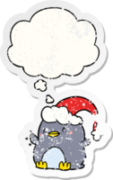cartoon penguin wearing christmas hat with thought bubble as a distressed worn sticker png