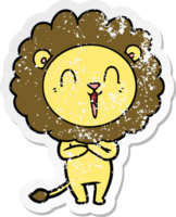 distressed sticker of a laughing lion cartoon png