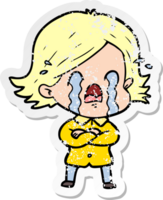 distressed sticker of a cartoon woman crying png