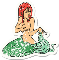 distressed sticker tattoo in traditional style of a mermaid png