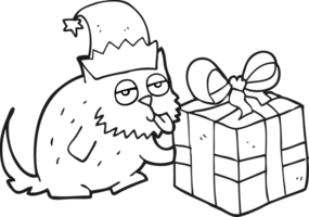 hand drawn black and white cartoon cat with present png